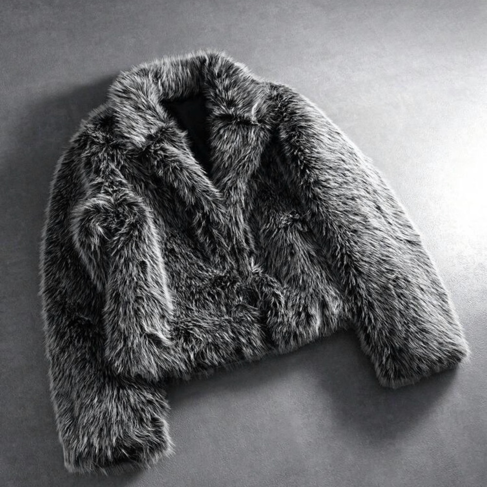 Men's Gray Teddy Faux Fur Jacket - Plush Cropped Coat